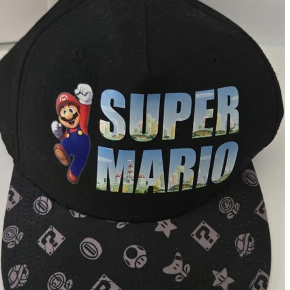 Nintendo Super Mario Graphic Baseball Cap Black Patterned Brim Youth OSFM Hat